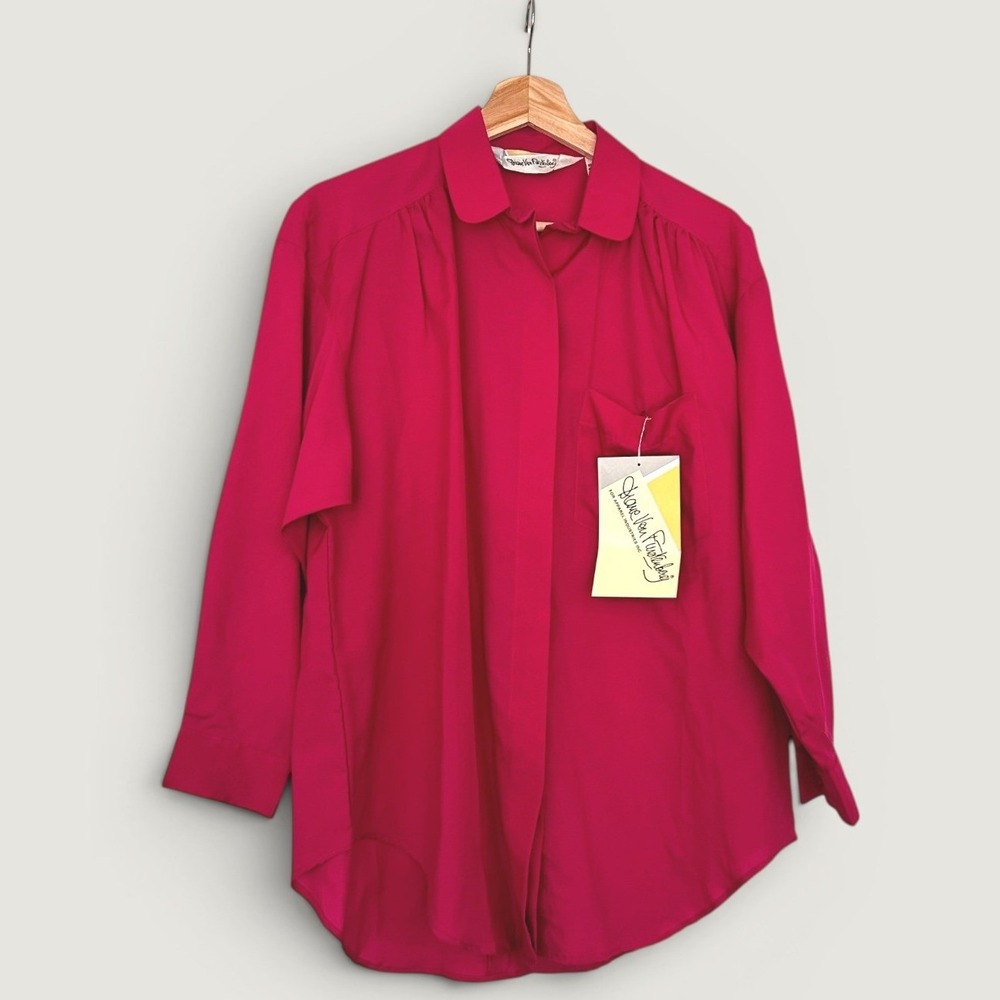 Vintage Diane Von Furstenberg Fuchsia Pink Button Up Blouse Size M Long Sleeve